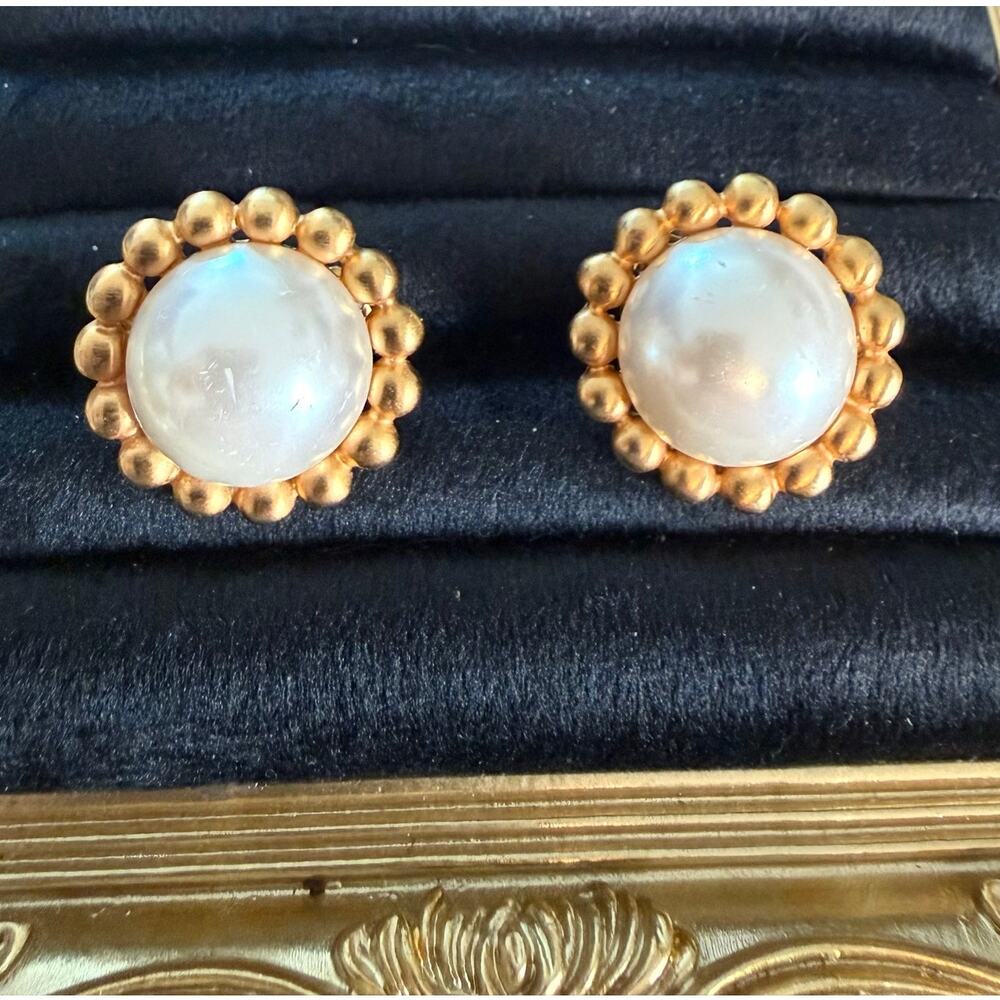 Vintage Anne Klein AK Gold Faux Pearl Statement Clip-On Earrings 1980s-90s